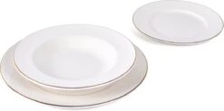 LeRijn® Serviesset Deventer 6 Persoons - 18 Delig - Licht Crème Wit Met Gouden Rand En Motief - Dinerborden - Soepborden - Dessertborden - Borden Servies - Bordenset -Woonwinkel 1200x598
