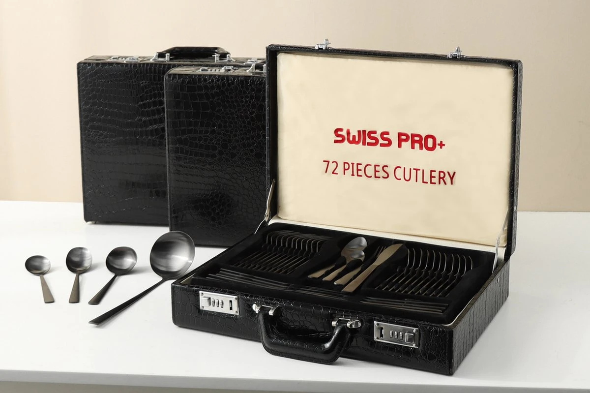 Swiss Pro+ Bestekset In Koffer-72 Delig-12 Persoons-Zwitsers Kwaliteit-Complete Set-100% Roestvrijstaal- Zwart 18 Swiss Pro+ Bestekset In Koffer-72 Delig-12 Persoons-Zwitsers Kwaliteit-Complete Set-100% Roestvrijstaal- Zwart - Afbeelding 16