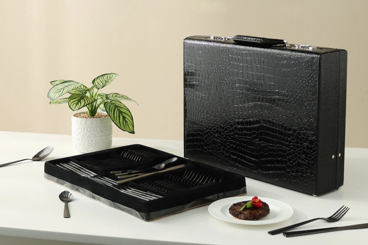 Swiss Pro+ Bestekset In Koffer-72 Delig-12 Persoons-Zwitsers Kwaliteit-Complete Set-100% Roestvrijstaal- Zwart 6 Swiss Pro+ Bestekset In Koffer-72 Delig-12 Persoons-Zwitsers Kwaliteit-Complete Set-100% Roestvrijstaal- Zwart - Afbeelding 4