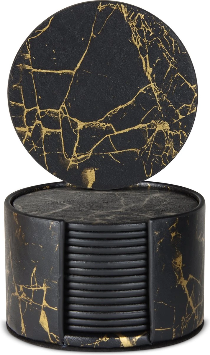 Castagnola Kunstlederen Onderzetters Met Houder – Onderzetters Voor Glazen – Onderzetters Design – Onderzettersset – Drink Onderzetters – Kunstleer – Leren Onderzetters – Set Van 16 – Zwart/Goud 8 Castagnola Kunstlederen Onderzetters Met Houder – Onderzetters Voor Glazen – Onderzetters Design – Onderzettersset – Drink Onderzetters – Kunstleer – Leren Onderzetters – Set Van 16 – Zwart/Goud - Afbeelding 6