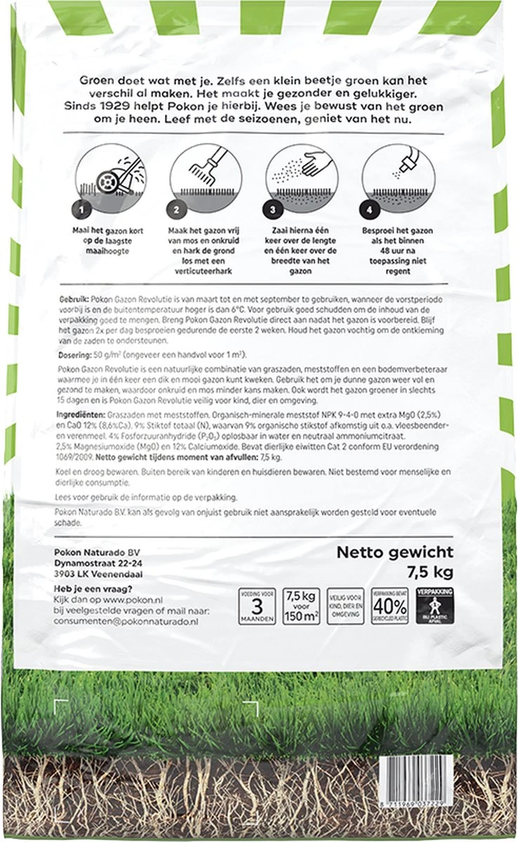 Pokon Gazon Revolutie - 7,5kg - Gazonmest / Graszaad / Bodemverbeteraar - Geschikt Voor 150m² - Binnen 15 Dagen Resultaat 4 Pokon Gazon Revolutie - 7,5kg - Gazonmest / Graszaad / Bodemverbeteraar - Geschikt Voor 150m² - Binnen 15 Dagen Resultaat - Afbeelding 2