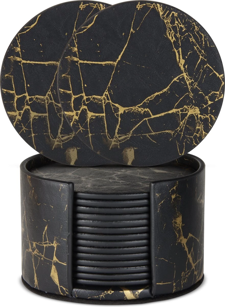 Castagnola Kunstlederen Onderzetters Met Houder – Onderzetters Voor Glazen – Onderzetters Design – Onderzettersset – Drink Onderzetters – Kunstleer – Leren Onderzetters – Set Van 16 – Zwart/Goud 3 Castagnola Kunstlederen Onderzetters Met Houder – Onderzetters Voor Glazen – Onderzetters Design – Onderzettersset – Drink Onderzetters – Kunstleer – Leren Onderzetters – Set Van 16 – Zwart/Goud