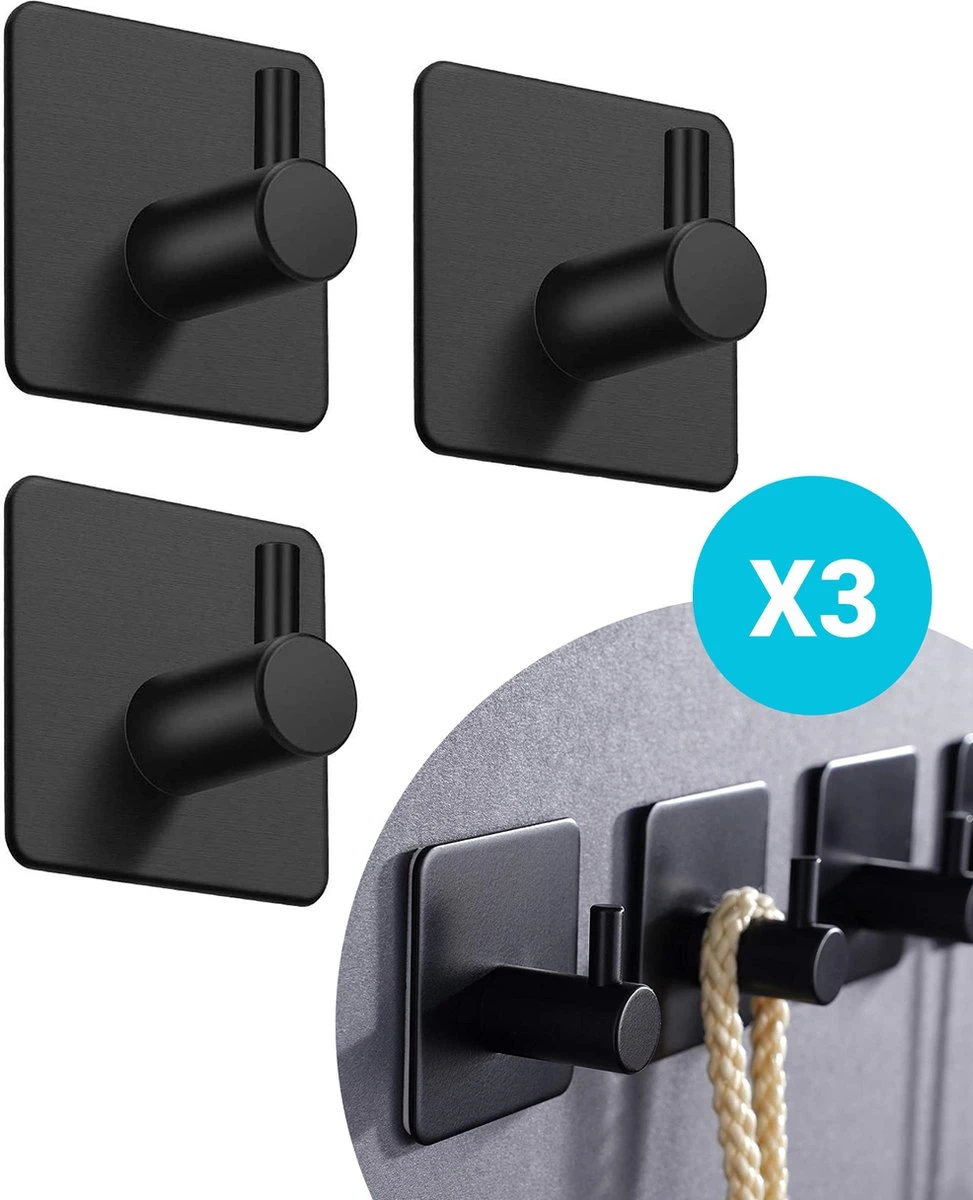 Qitch & Quisine Handdoekhaakjes - Set Van 3 Zwarte Haakjes - Zelfklevend - Waterbestendig - RVS 3 Qitch & Quisine Handdoekhaakjes - Set Van 3 Zwarte Haakjes - Zelfklevend - Waterbestendig - RVS