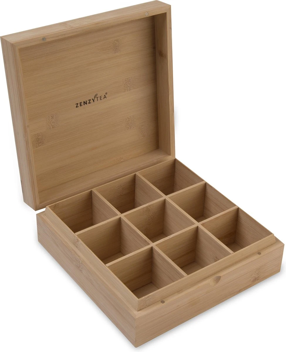 Theedoos Van ZENZYTEA® - Bamboe - Theedoos 9 Vaks - Inclusief 3 Theeblikken Voor Losse Thee - Geschikt Voor Grote & Kleine Theezakjes - Vierkant - Grote Vakken - Luxe Verpakking - Cadeau 11 Theedoos Van ZENZYTEA® - Bamboe - Theedoos 9 Vaks - Inclusief 3 Theeblikken Voor Losse Thee - Geschikt Voor Grote & Kleine Theezakjes - Vierkant - Grote Vakken - Luxe Verpakking - Cadeau - Afbeelding 9